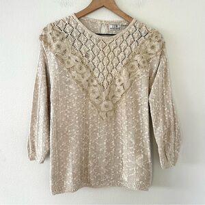 Vintage TJW Knit Embroidered Sweater Sz L Beige/Tan Floral Cutout Cottage Cabin